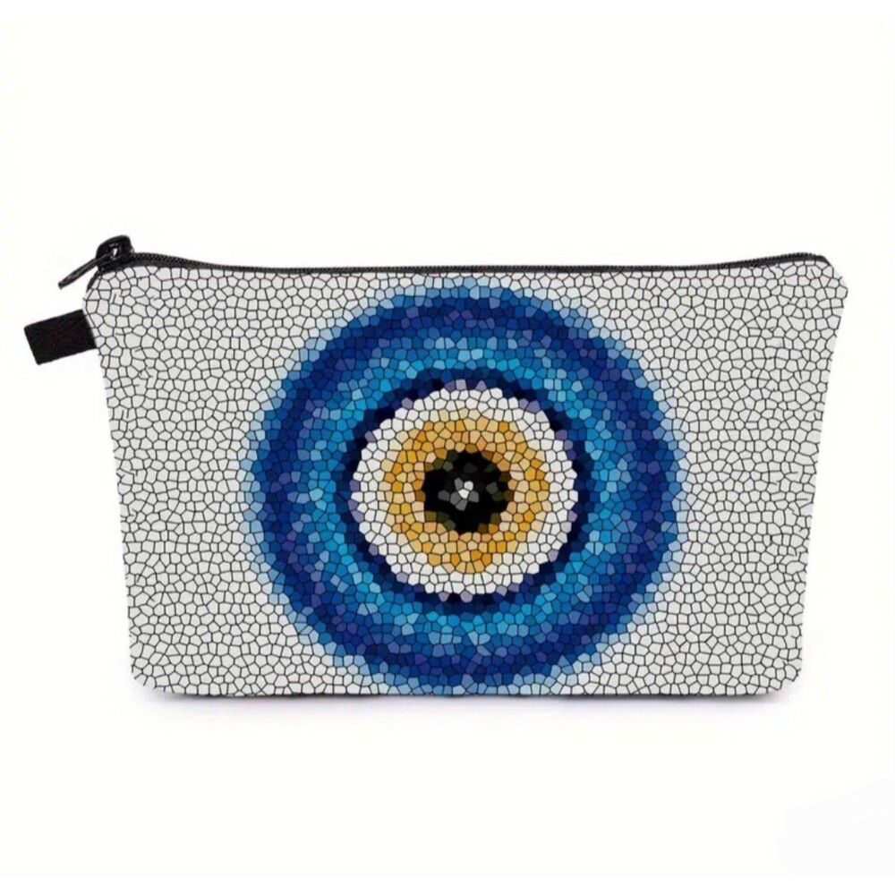 White‎ and blue evil eye Zip make up bag